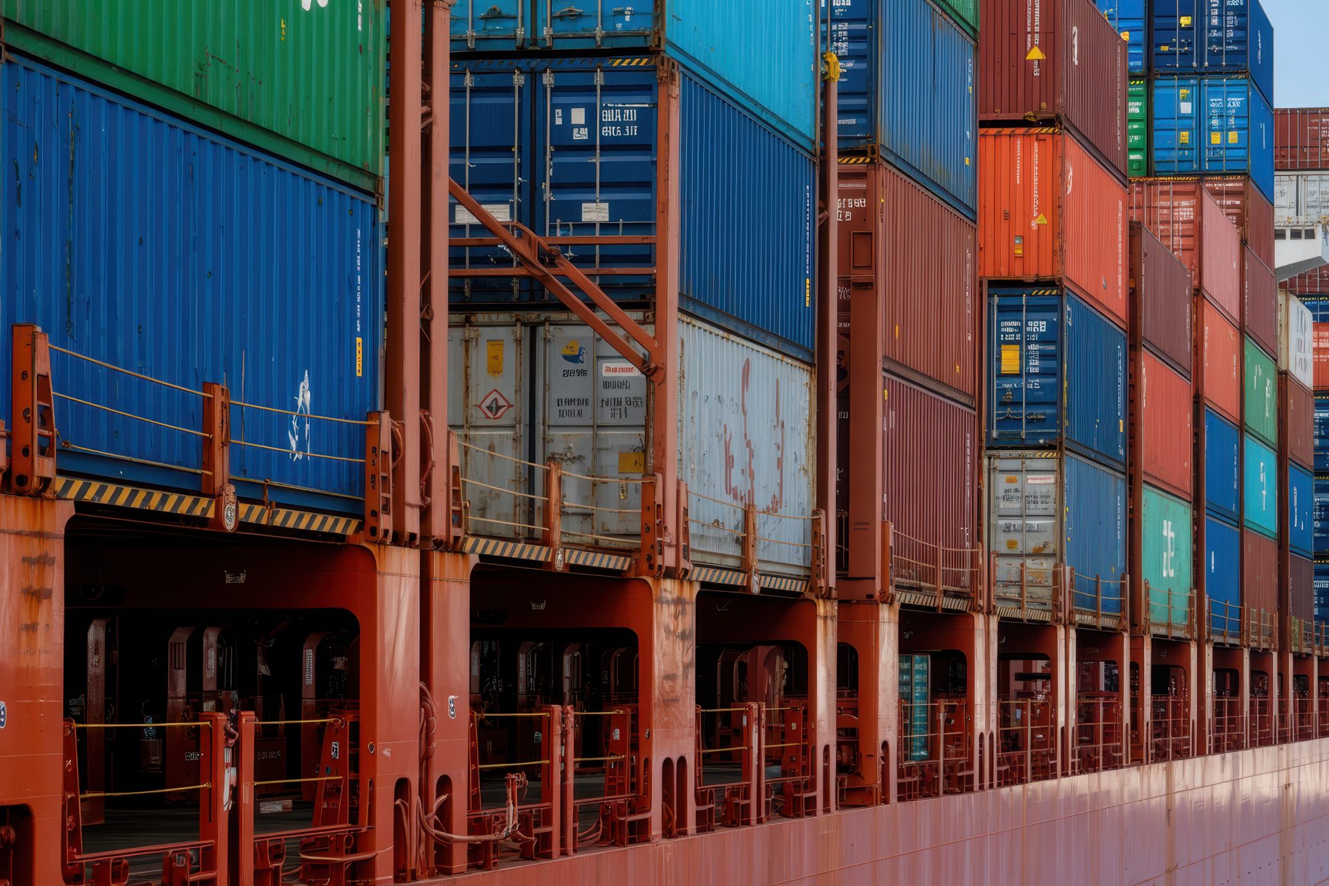 Stacks of blue, red and green shipping containers on the deck of a red cargo ship