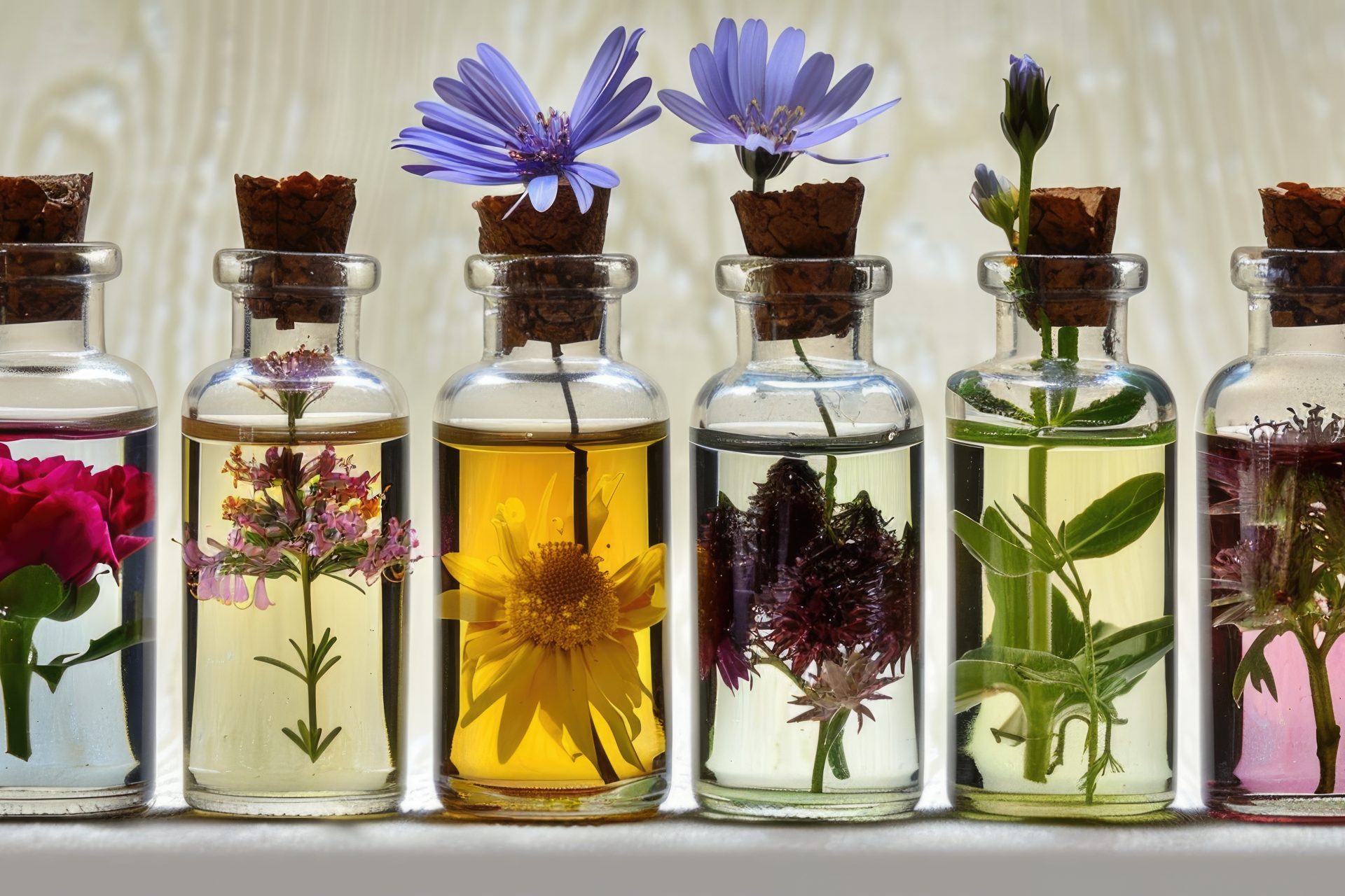 Row of corked glass bottles of coloured liquids, each holding flowers and herbs
