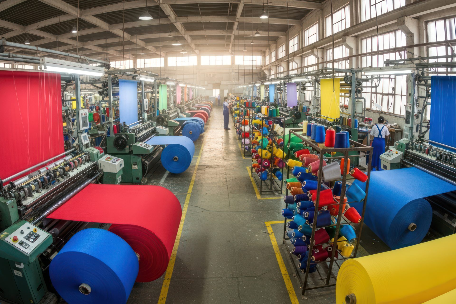 Textile factory floor with large rolls of red, blue and yellow fabric and racks of coloured thread spools