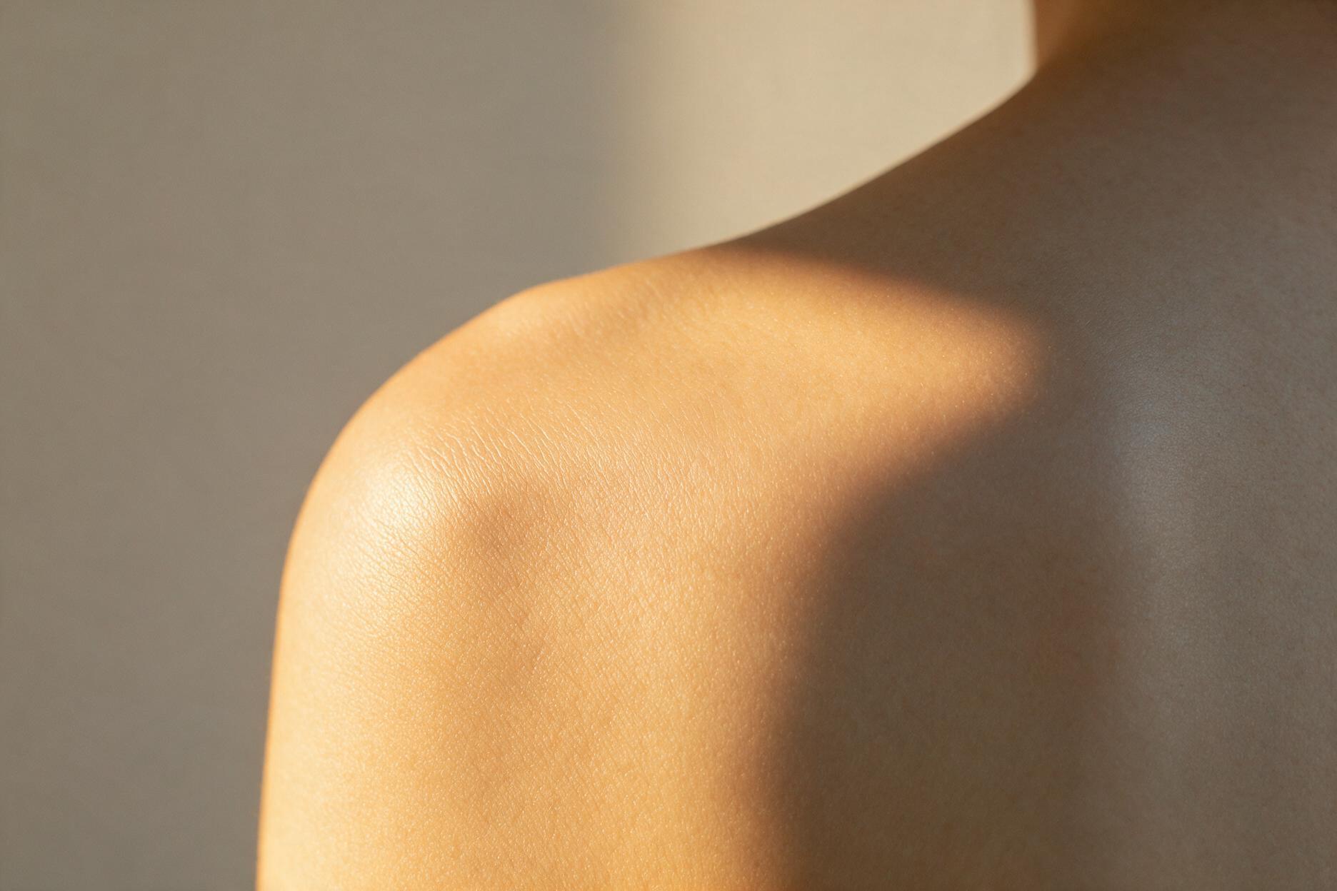 Close-up of a bare shoulder and upper back lit by warm sunlight against a grey wall