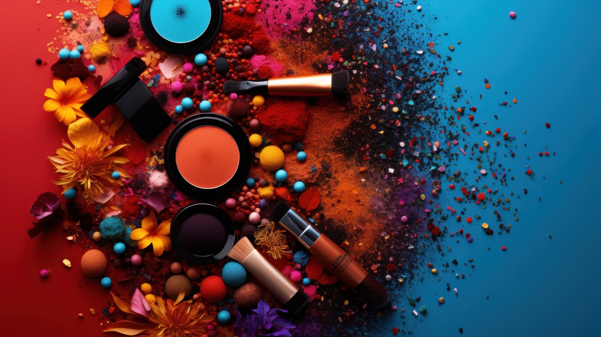 Make-up compacts, brushes and scattered coloured pigments on a red-to-blue background with flowers