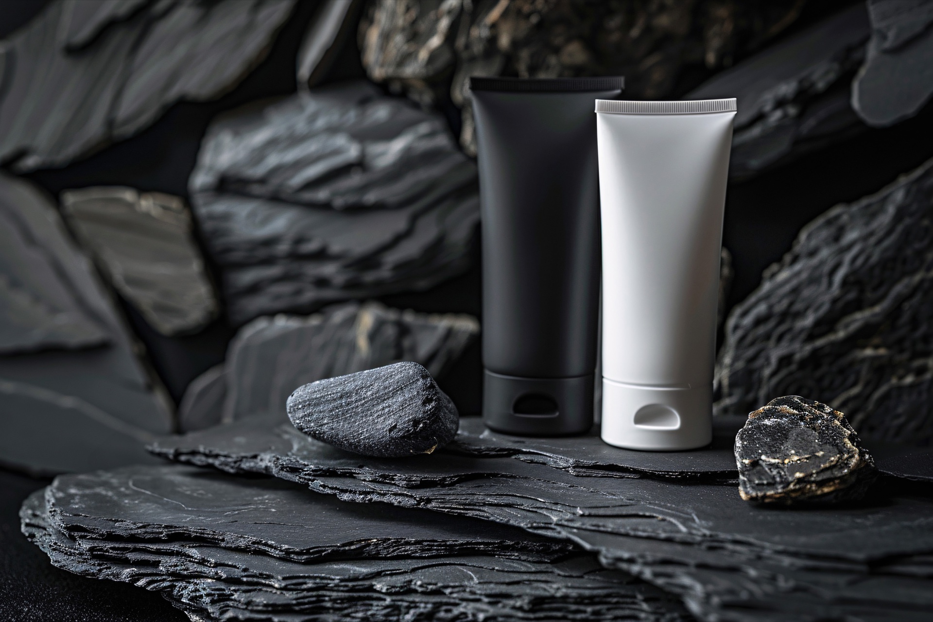 Black and white squeeze tubes standing on dark slate among grey stones
