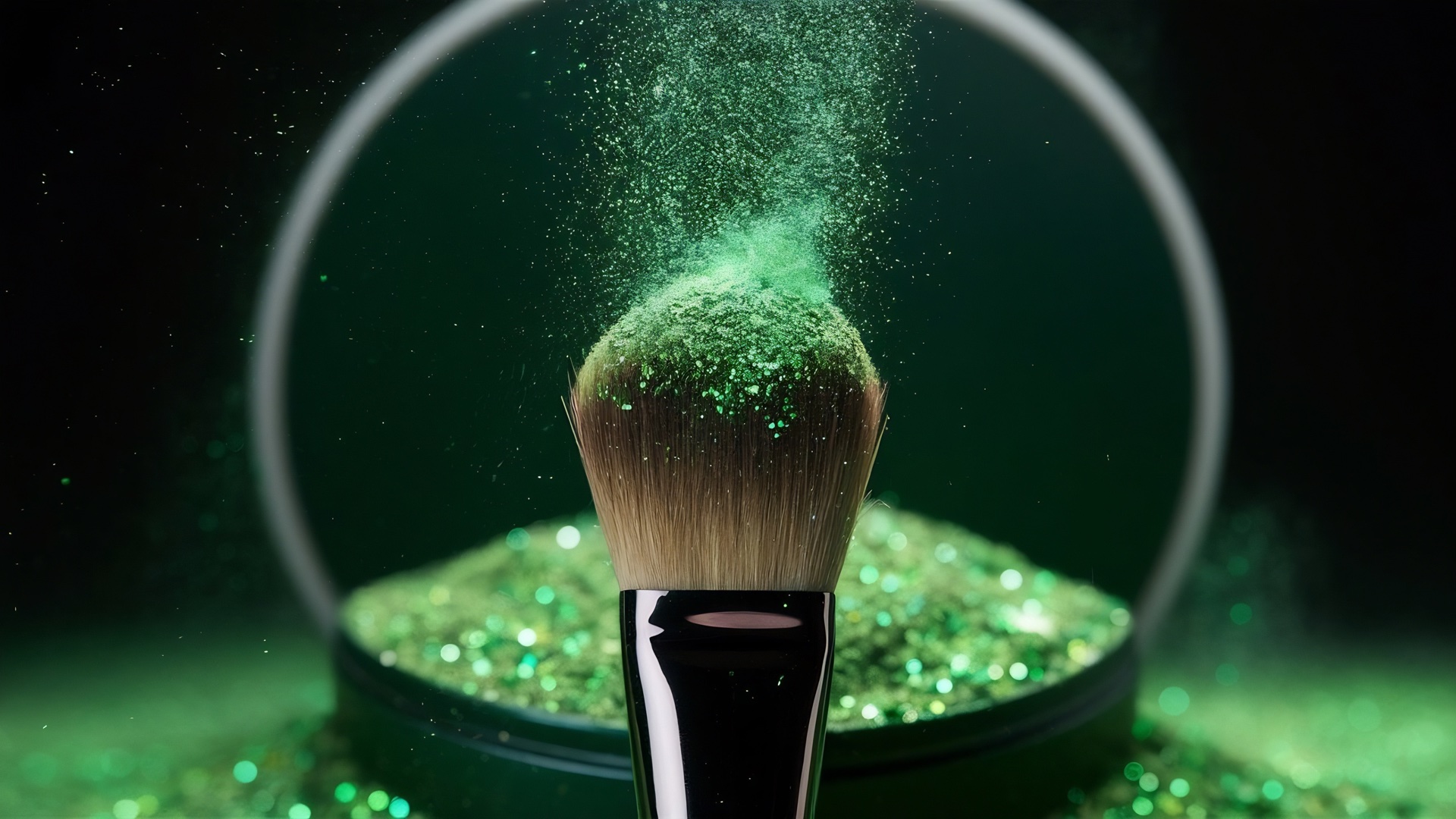 Make-up brush loaded with green glitter powder above a pot of green glitter, dark background