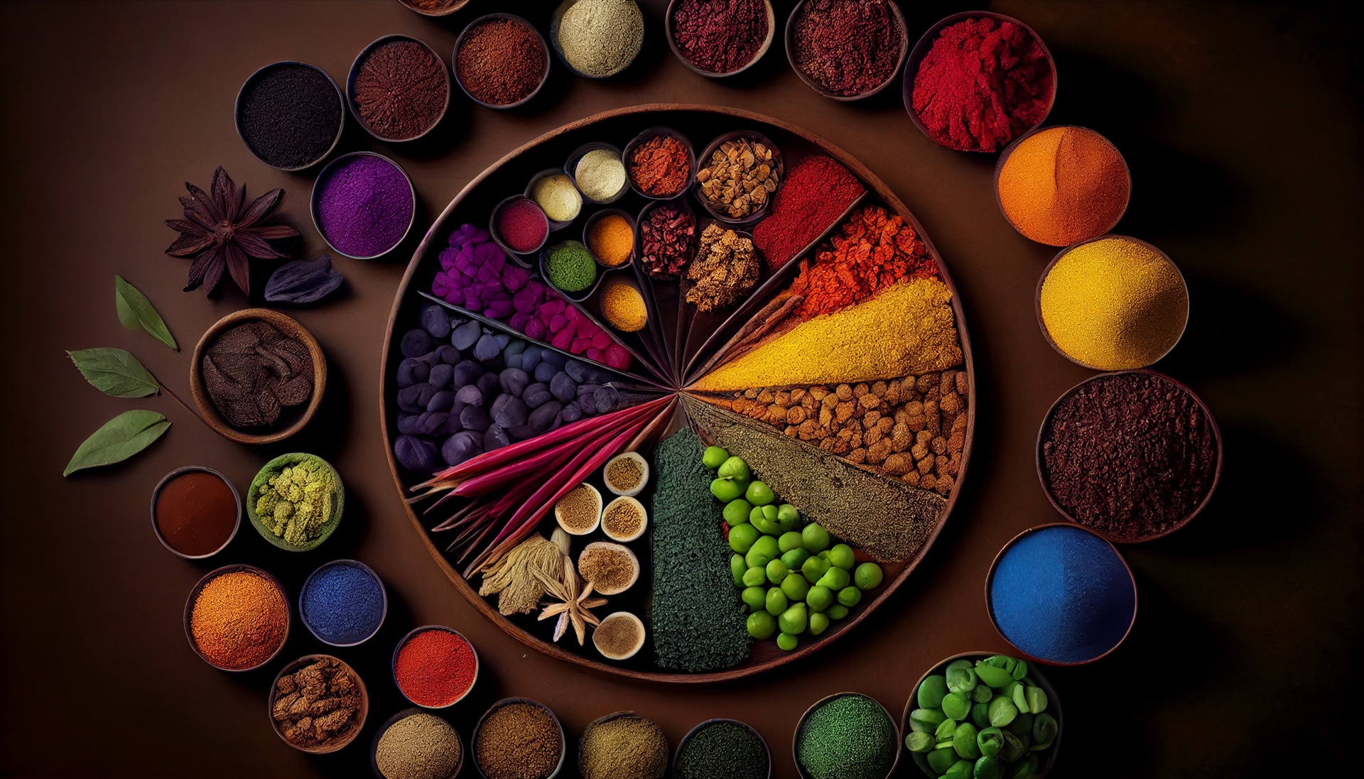 Bowls of coloured spices, powders, dried flowers and herbs arranged in a circle on brown