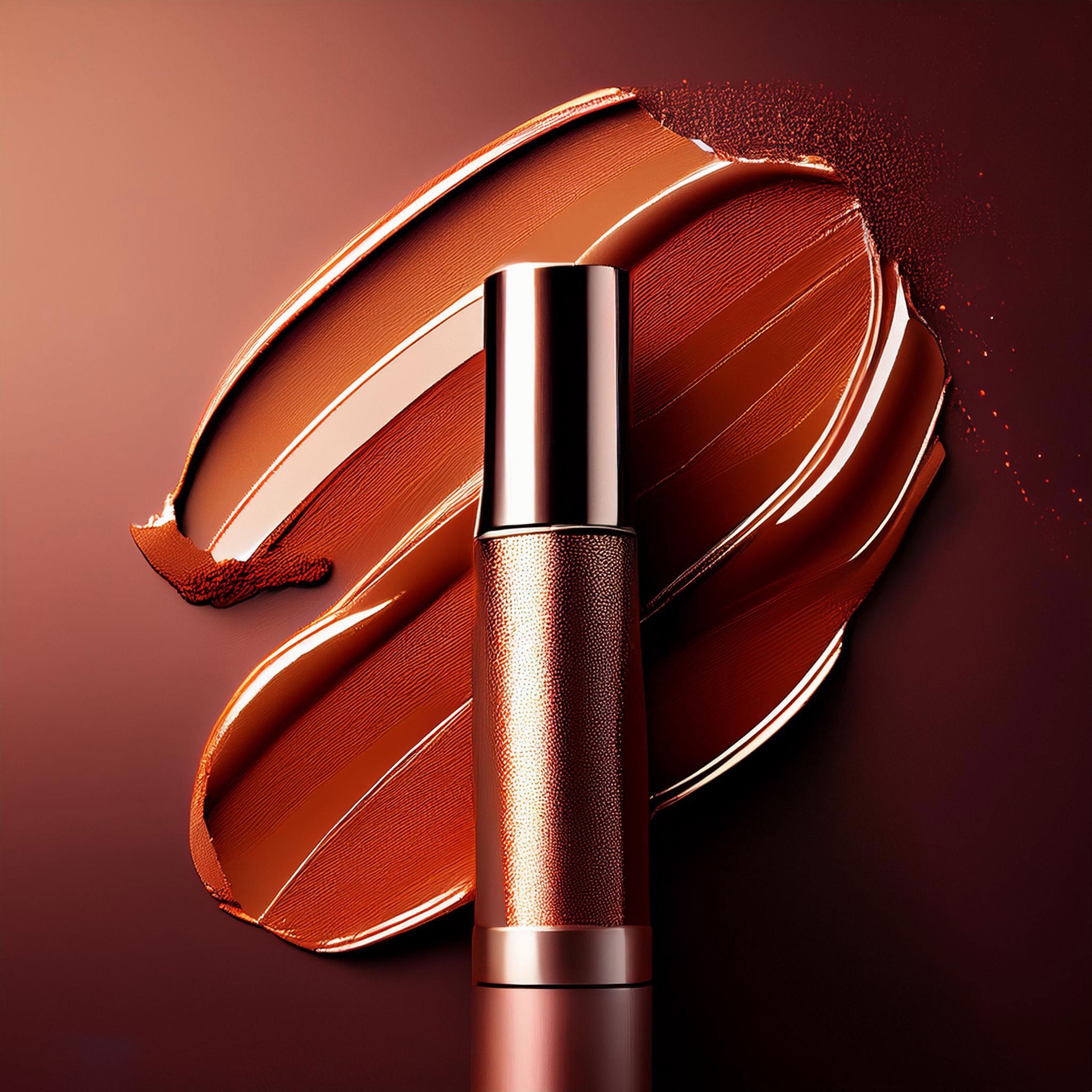 Copper-coloured cosmetic tube on a glossy swirl of terracotta cream against a deep red backdrop