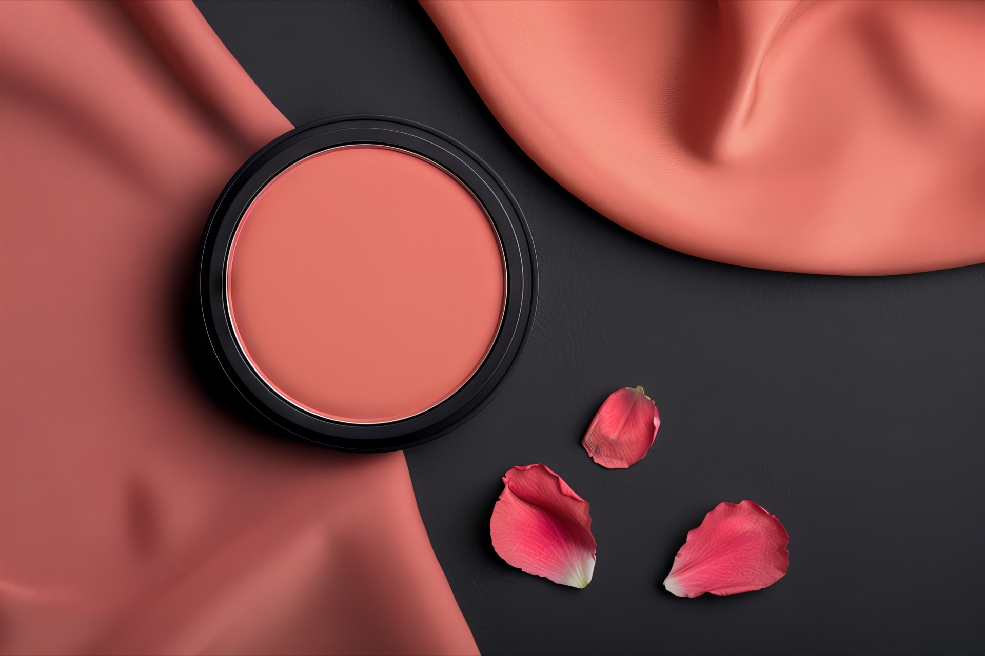 Coral pressed powder compact on dark grey with coral fabric folds and pink rose petals